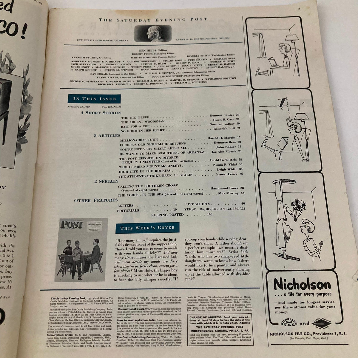 Interior page of Saturday Evening Post Magazine, February 18, 1950, showcasing the contents and articles available in this issue, reflecting mid-century American culture.