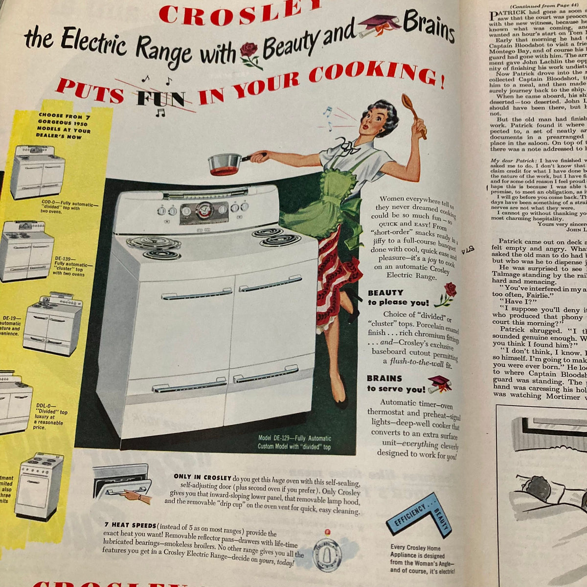 Vintage advertisement for Crosley Electric Range from Saturday Evening Post Magazine February 18 1950, showcasing a stylish woman cooking and highlighting the range's features and benefits.
