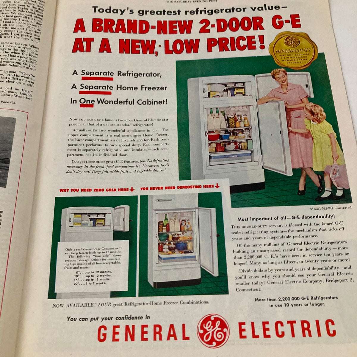 Advertisement for a brand-new 2-door General Electric refrigerator from Saturday Evening Post Magazine February 18 1950, illustrating its dual capabilities as a refrigerator and freezer with a family enjoying its features.