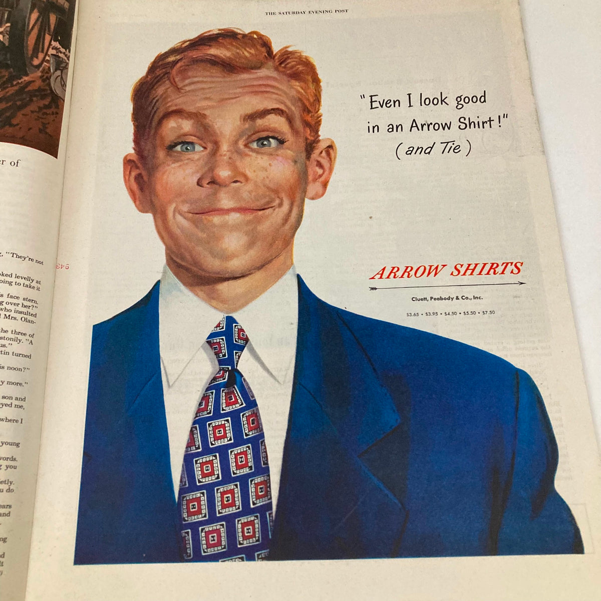 Saturday Evening Post Magazine January 14 1950 advertisement featuring a smiling man promoting Arrow Shirts with a colorful necktie.