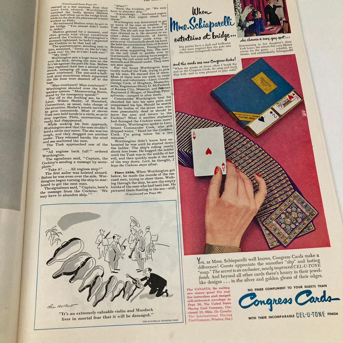 Saturday Evening Post Magazine January 14 1950 interior page showcasing bridge playing tips with an elegant hand holding playing cards.