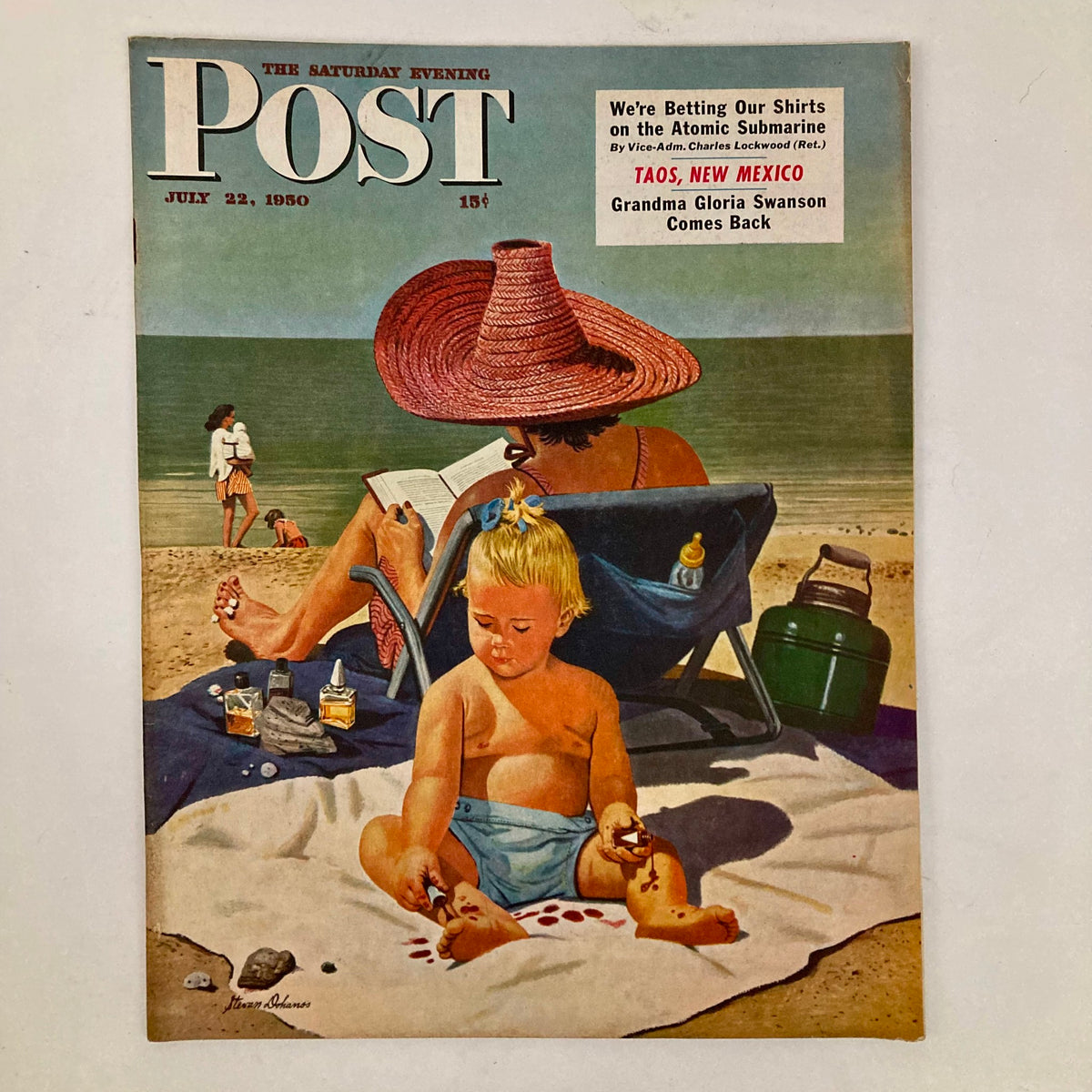 Cover of the Saturday Evening Post Magazine, July 22, 1950, titled 'Little Charmer' by Dohanos, featuring a child playing on the beach and a woman reading under a large sun hat.