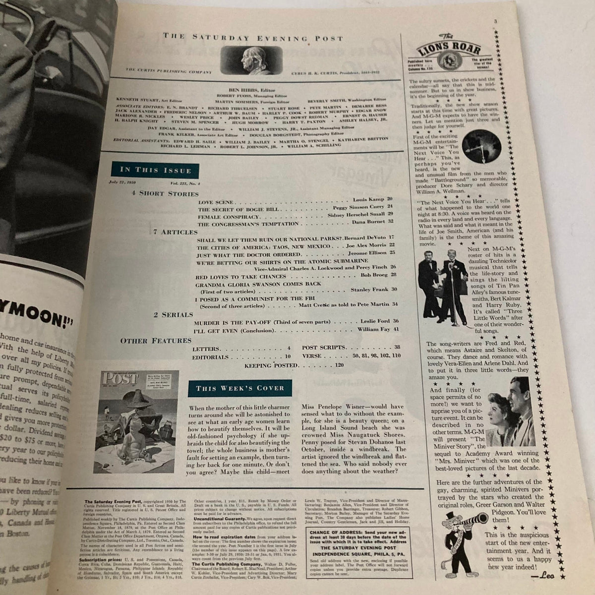 Inside page of the Saturday Evening Post Magazine, July 22, 1950, displaying contents including short stories and features, highlighting articles and details of the week.