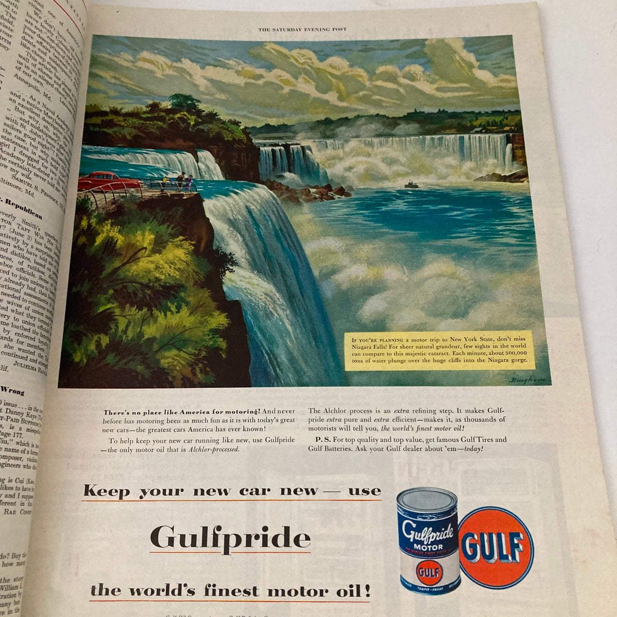 Advertisement page from the Saturday Evening Post Magazine, July 22, 1950, showcasing the scenic Niagara Falls with a promotion for Gulfpride motor oil.