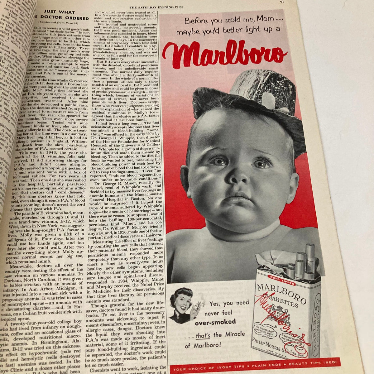 Advertisement from the Saturday Evening Post Magazine July 22, 1950, depicting a baby with a humorous Marlboro cigarette ad titled 'Before you scold me, Mom... maybe you'd better light up a Marlboro'.