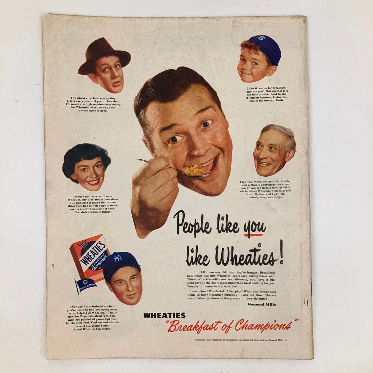 Vintage Wheaties advertisement featured in the Saturday Evening Post Magazine July 22, 1950, showcasing a smiling man enjoying cereal with various characters expressing their fondness for Wheaties.