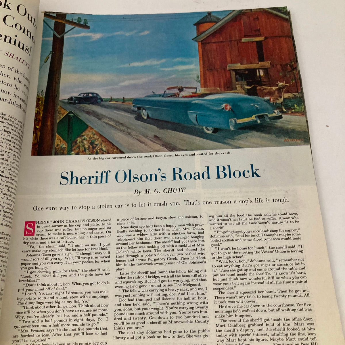 Article titled 'Sheriff Olson's Road Block' from Saturday Evening Post Magazine April 15, 1950, accompanied by a colorful illustration depicting a blue car and rustic scenery.