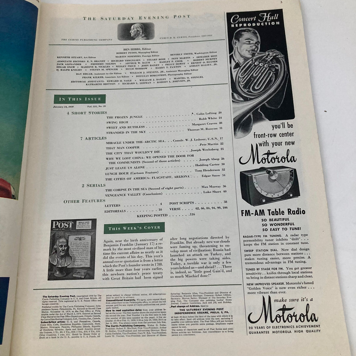 Inside page of Saturday Evening Post Magazine January 14, 1950 showcasing the table of contents and advertisements, including Motorola radio.