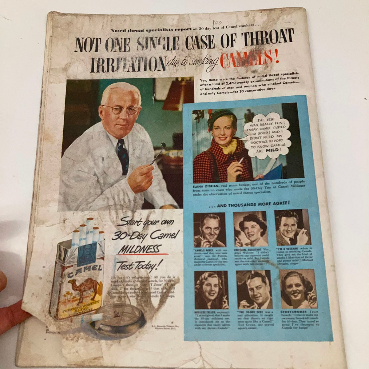 Vintage advertisement for Camel cigarettes promoting a 30-Day test for mildness, featuring a doctor and testimonials from smokers, from the Saturday Evening Post Magazine January 14, 1950.