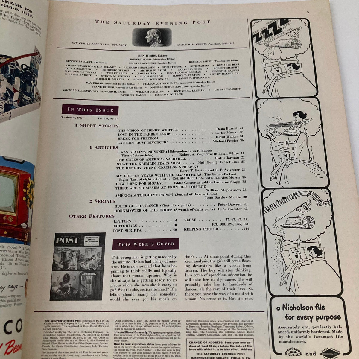 Interior page of the Saturday Evening Post Magazine from October 27, 1951, displaying articles and illustrations, showcasing the magazine's rich content.
