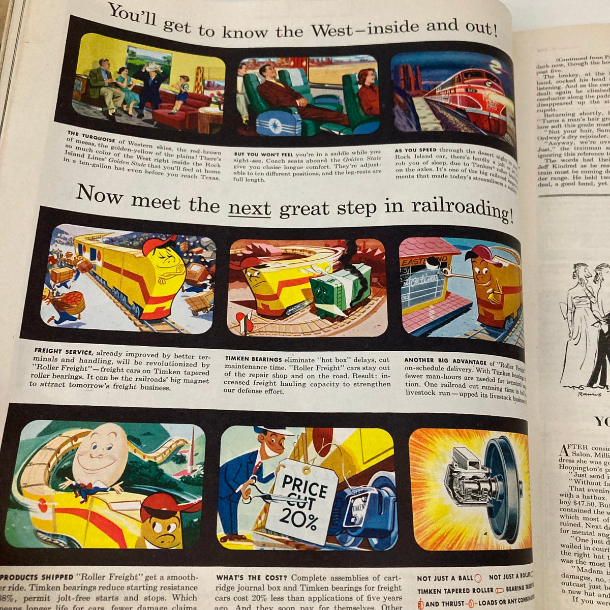 Illustrated advertisement for freight services in the Saturday Evening Post Magazine from October 27, 1951, highlighting railroad advancements and features.