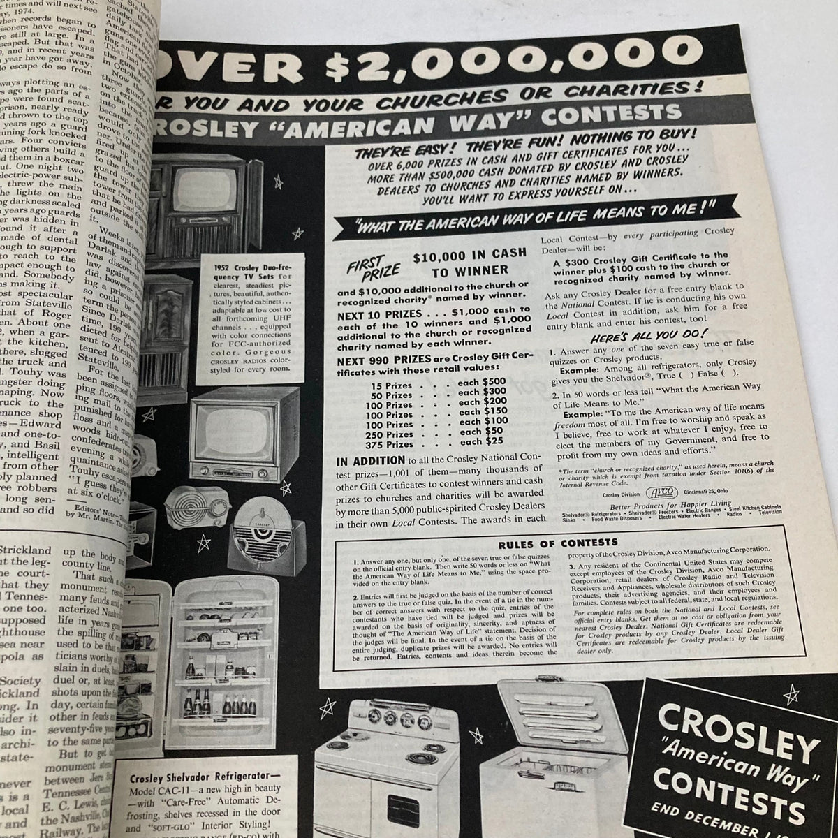 Advertisement for Crosley 'American Way' contests in the Saturday Evening Post Magazine from October 27, 1951, promoting prizes and community engagement.