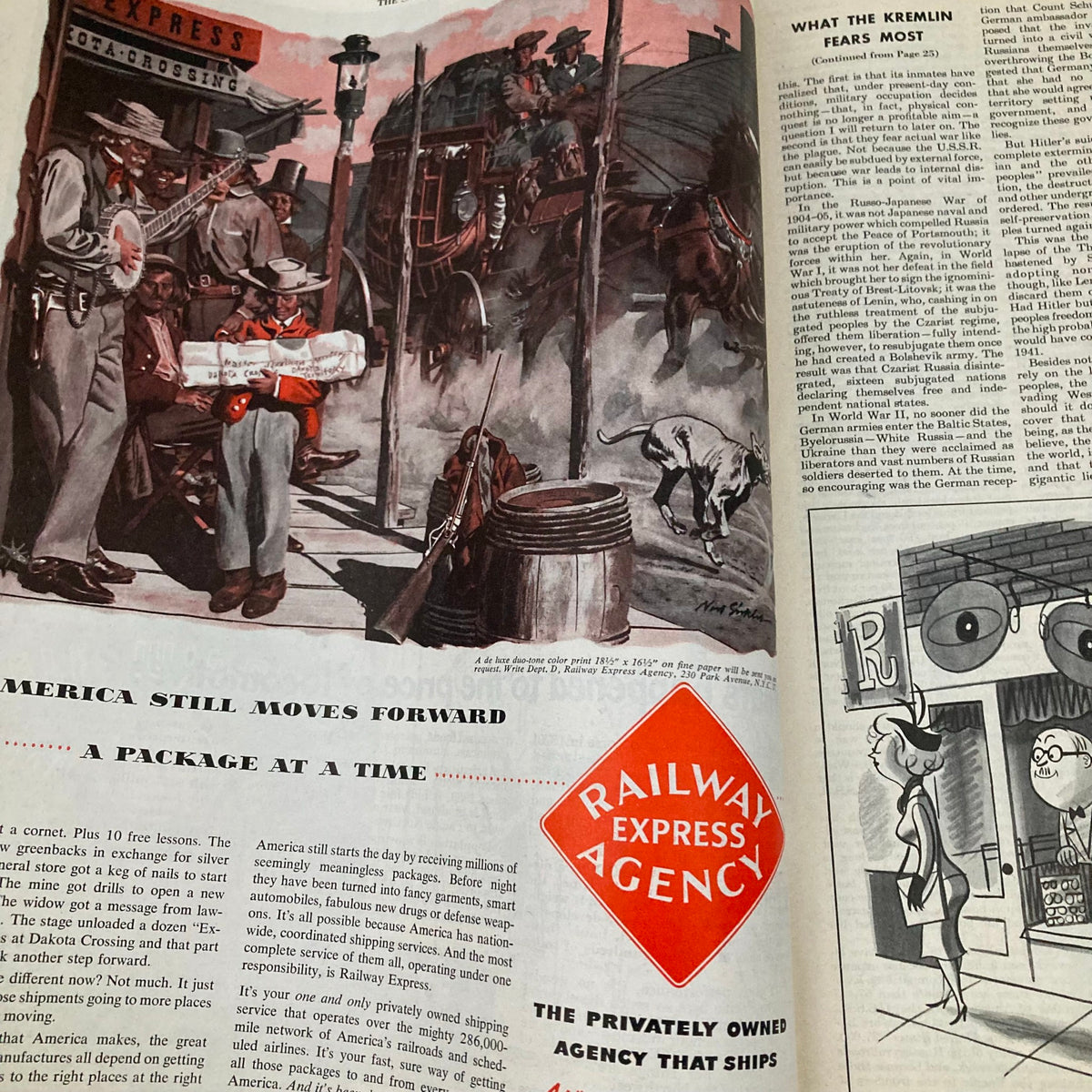 Feature article on the Railway Express Agency in the Saturday Evening Post Magazine from October 27, 1951, depicting historical American transportation.