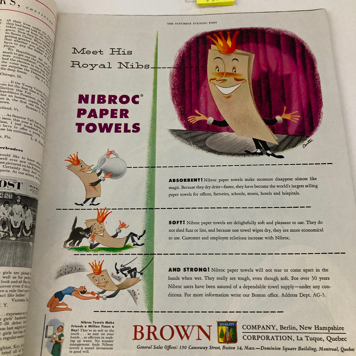 Advertisement page from the Saturday Evening Post Magazine March 22, 1952 promoting Nibroc paper towels with a whimsical illustration of a character.