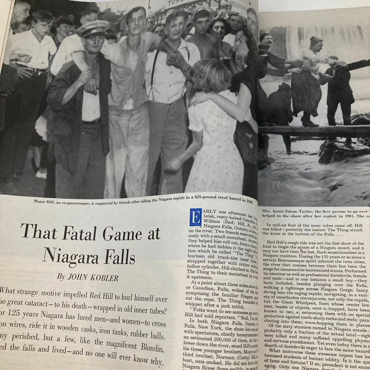 Saturday Evening Post Magazine March 22 1952 featuring Major Hill after riding the Niagara rapids, a historic moment captured in the article 'That Fatal Game at Niagara Falls'.