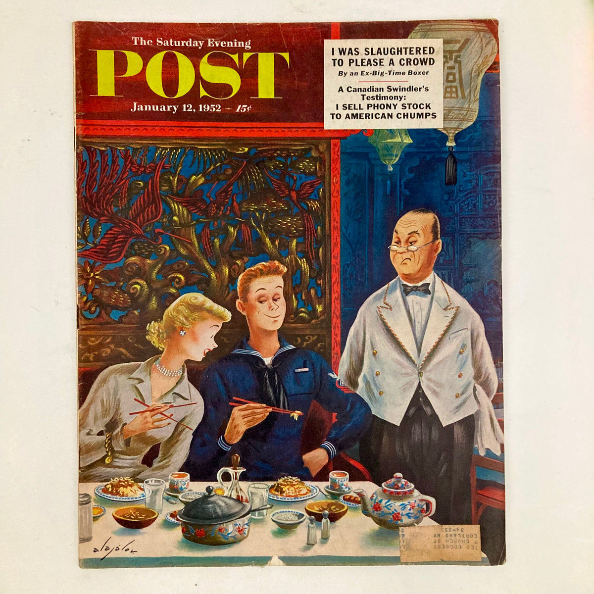 Cover of Saturday Evening Post Magazine January 12, 1952 featuring the artwork 'Chopstickers' by Alajalov, depicting a scene with a couple enjoying a meal using chopsticks.