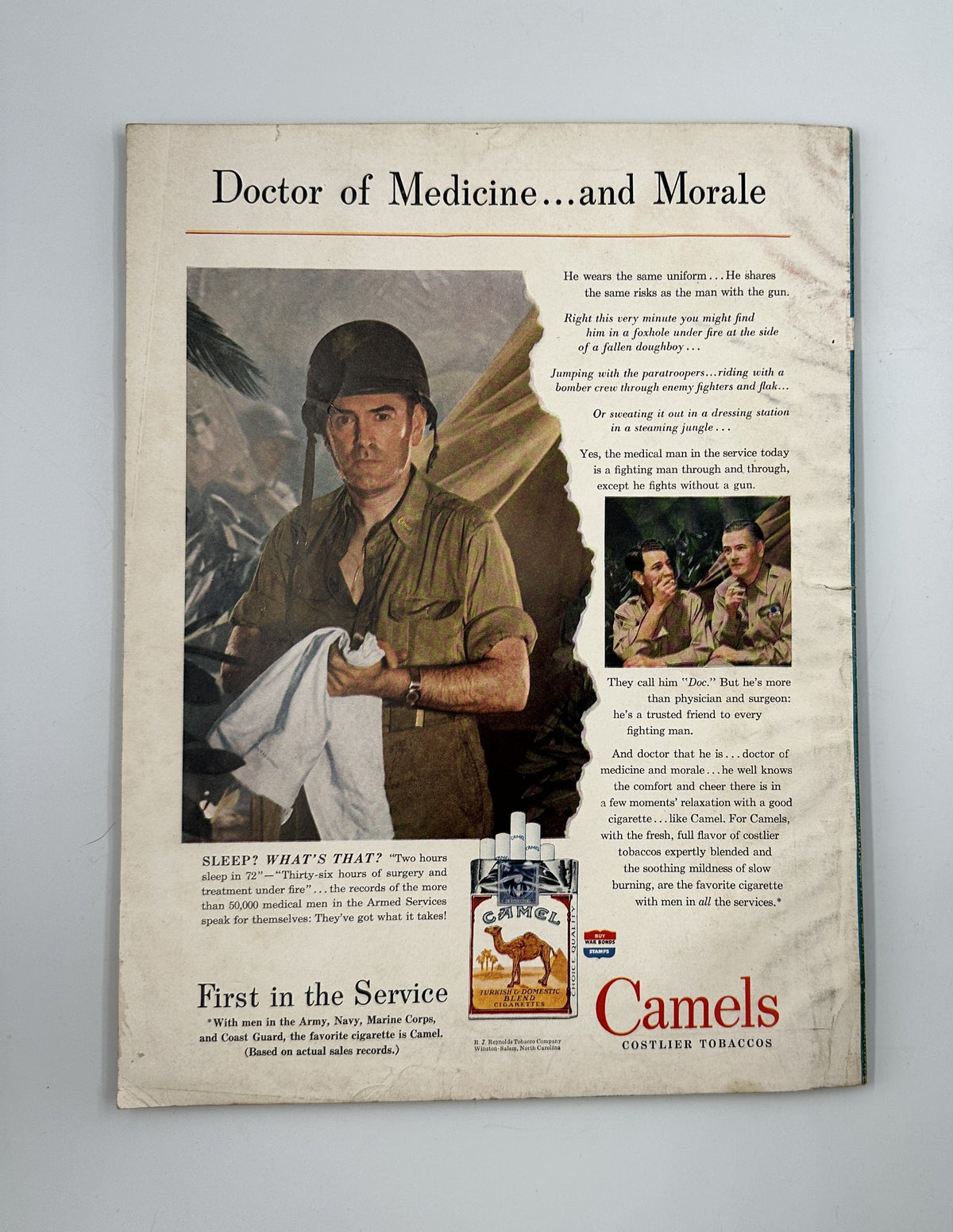 Advertisement for Camel cigarettes in Esquire Magazine June 1944, featuring a soldier in military attire, promoting morale and camaraderie during WWII.