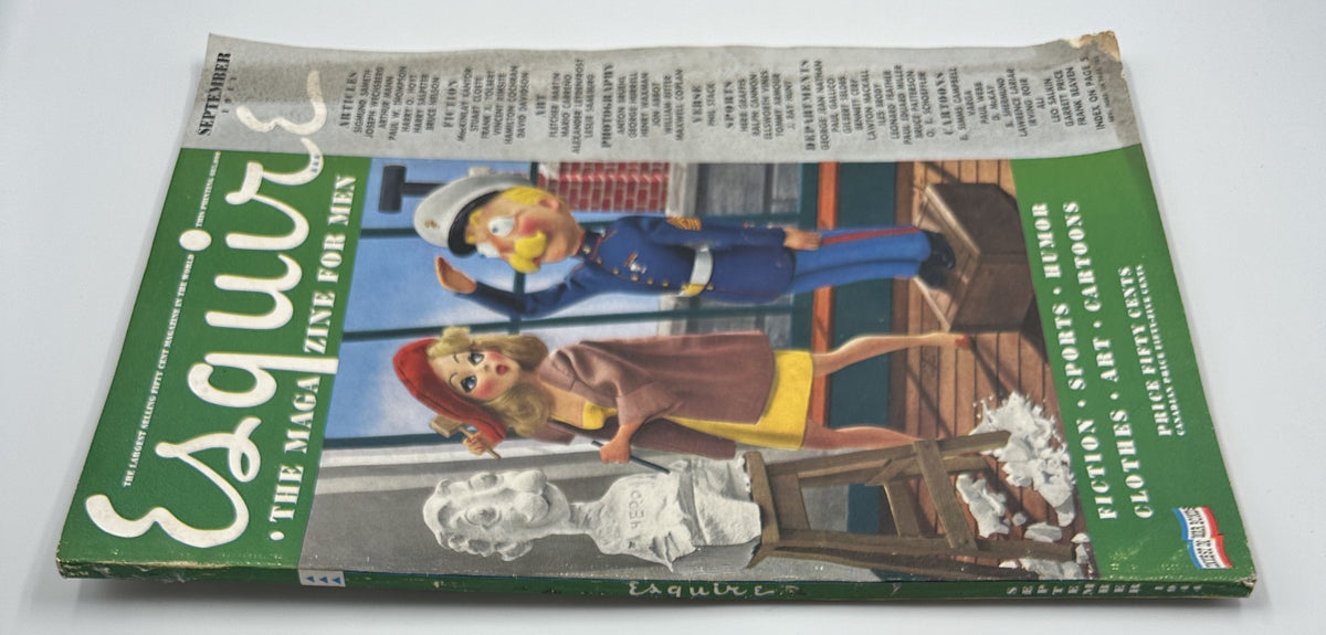Alternate view of Esquire Magazine September 1944, emphasizing the colorful cover illustration with a soldier and a glamorous woman in front of a statue, highlighting the magazine's vintage charm and WWII-themed content.