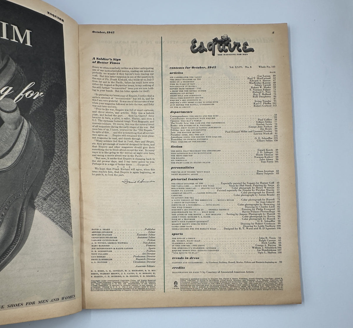 Interior page of Esquire Magazine from October 1945, displaying the table of contents with sections for articles, fiction, and features, reflecting the magazine's published works.