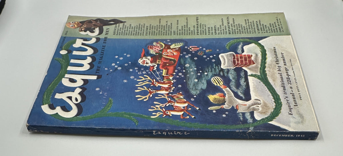 Esquire Magazine December 1945 angled view showcasing the cover with Christmas theme, featuring Santa Claus, reindeer, and colorful illustrations.