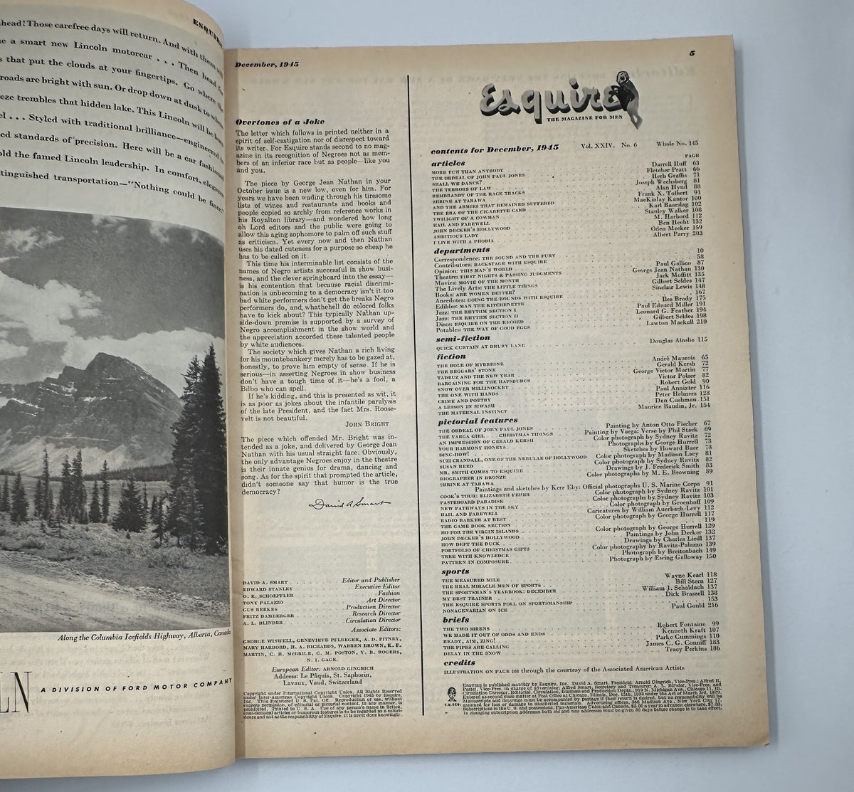 Interior page of Esquire Magazine December 1945 displaying the table of contents with a list of articles and contributions, emphasizing the magazine's classic design.