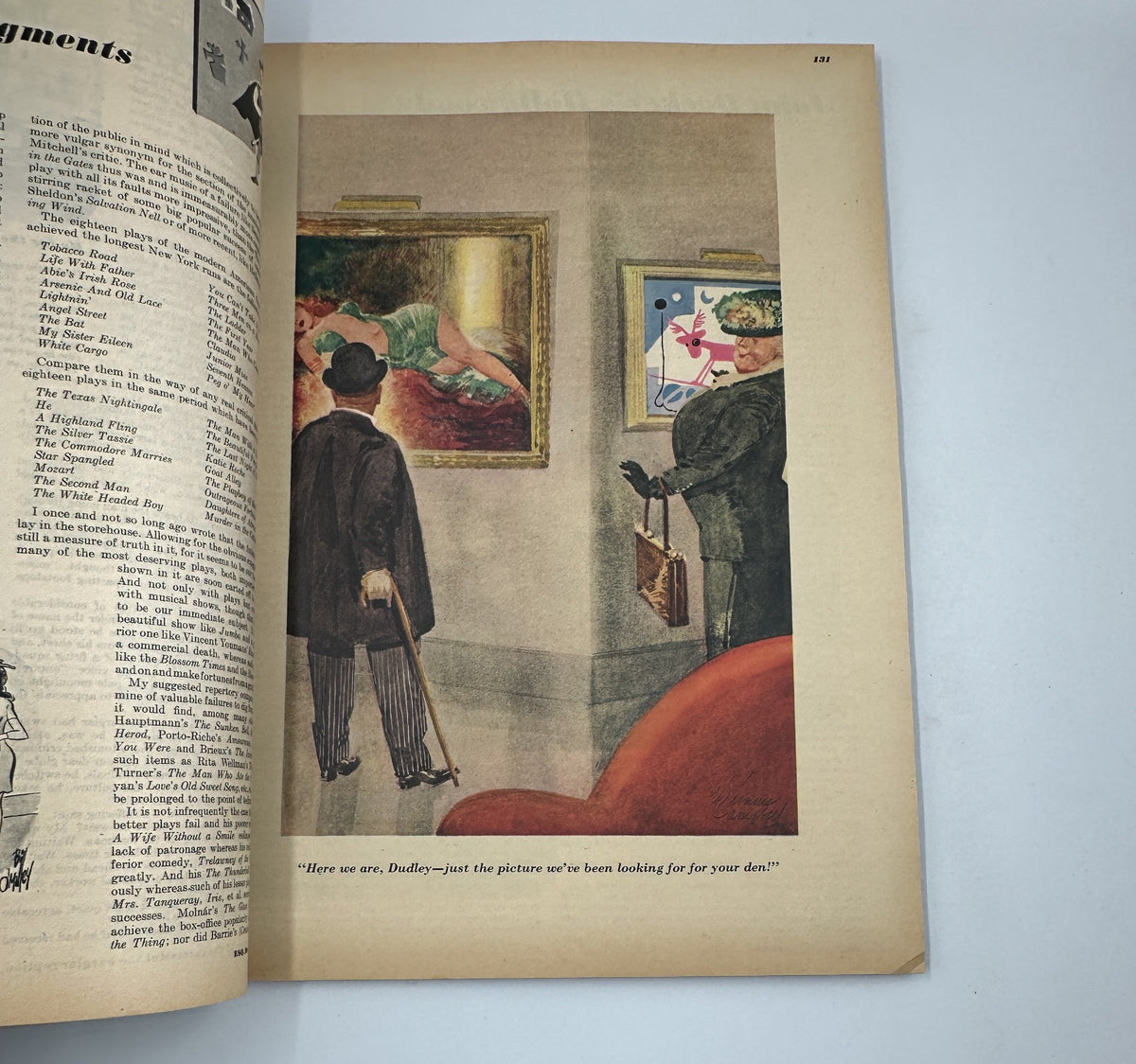 Esquire Magazine December 1945 illustration depicting two men in formal attire admiring artwork in a gallery setting, showcasing an elegant atmosphere.