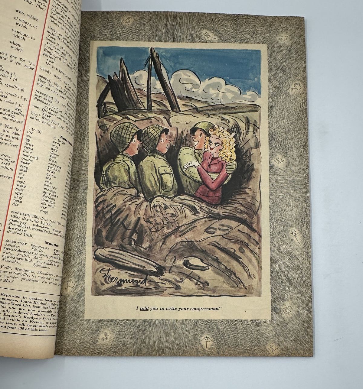 Esquire Magazine April 1945 illustration depicting soldiers in a trench with a woman, part of the Varga Foldout by Frank Voss.
