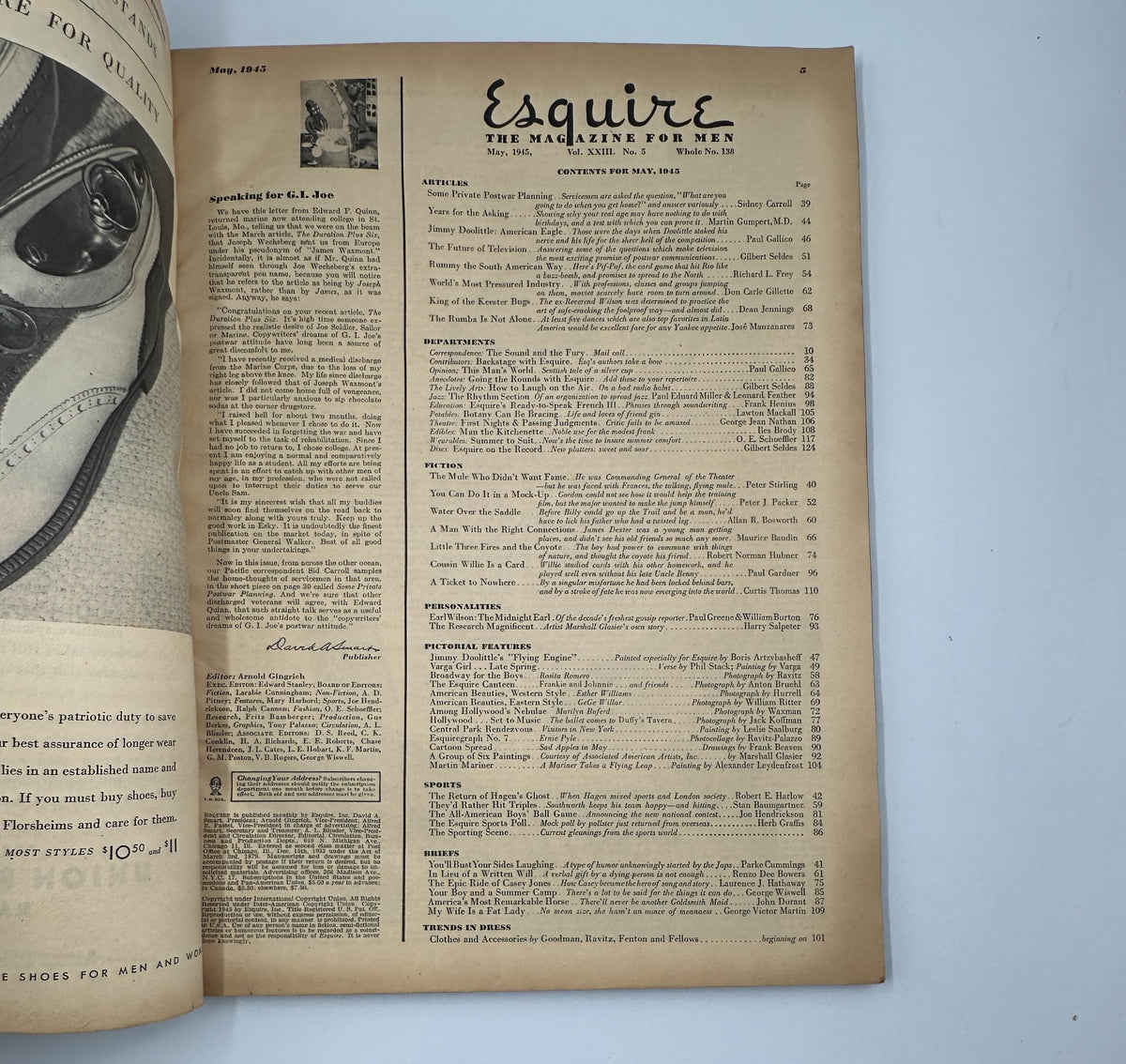 Inside page of Esquire Magazine May 1945 showing directory information and highlights of articles, including notes for readers. The magazine reflects mid-20th century aesthetics, with a focus on lifestyle and humor.