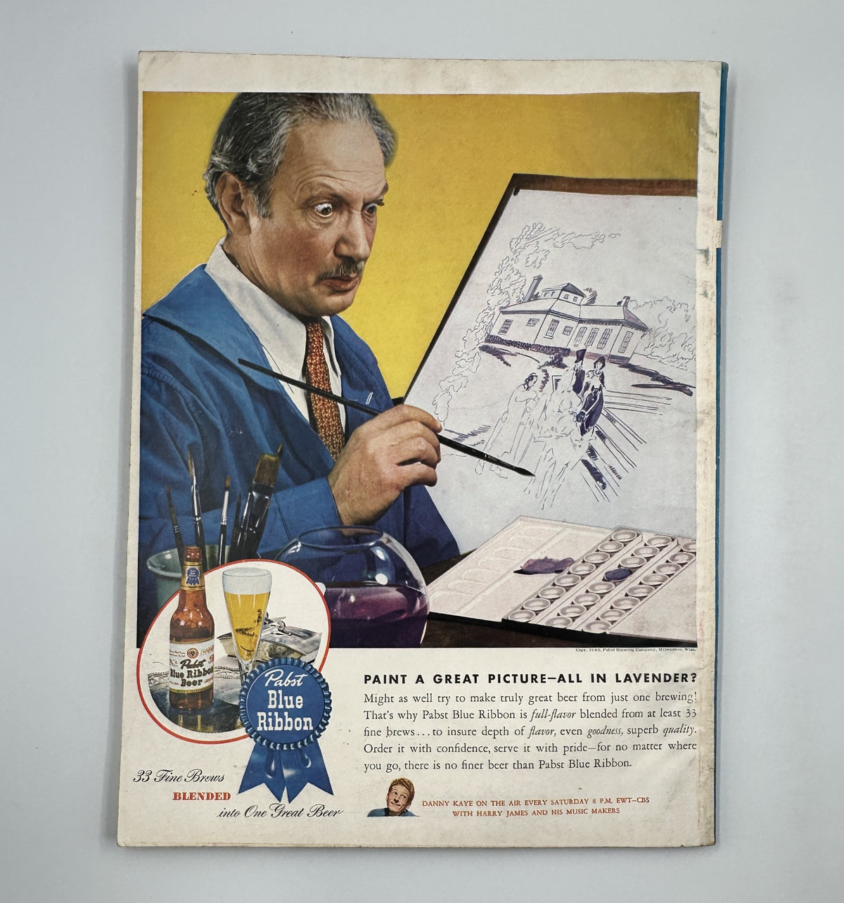 An illustration of a man painting in Esquire Magazine May 1945, representing artistic creativity with a focus on Palst Blue Ribbon beer.