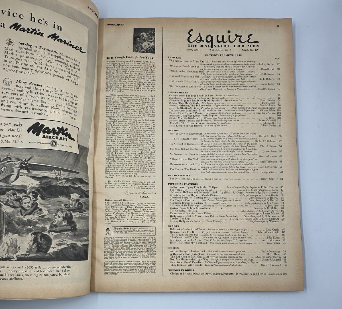 Interior page from Esquire Magazine June 1945 with a detailed table of contents including sections and article highlights.