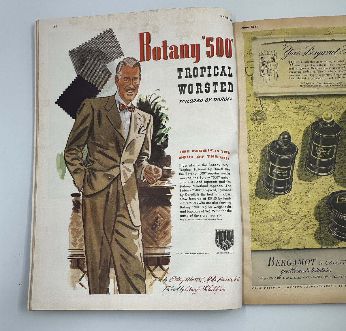 Advertisement page from Esquire Magazine June 1945 showcasing tropical worsted fabric tailored by Daroff, emphasizing fashion trends.