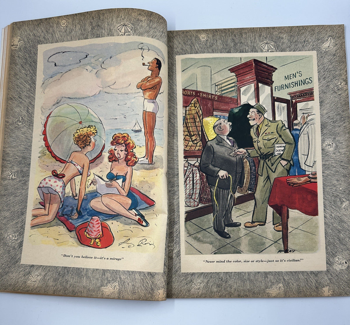 Colorful cartoon illustration from Esquire Magazine August 1945 featuring beachgoers, highlighting swimwear fashion of the time.