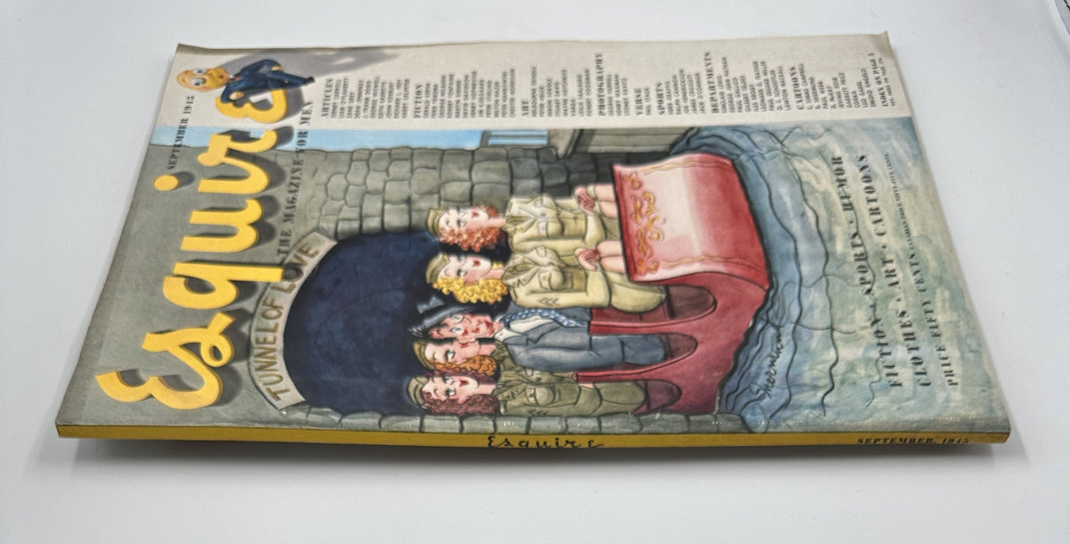 Alternate view of the cover of Esquire Magazine September 1945, emphasizing the 'Tunnel of Love' design with vibrant illustrations and featuring the magazine's content list.
