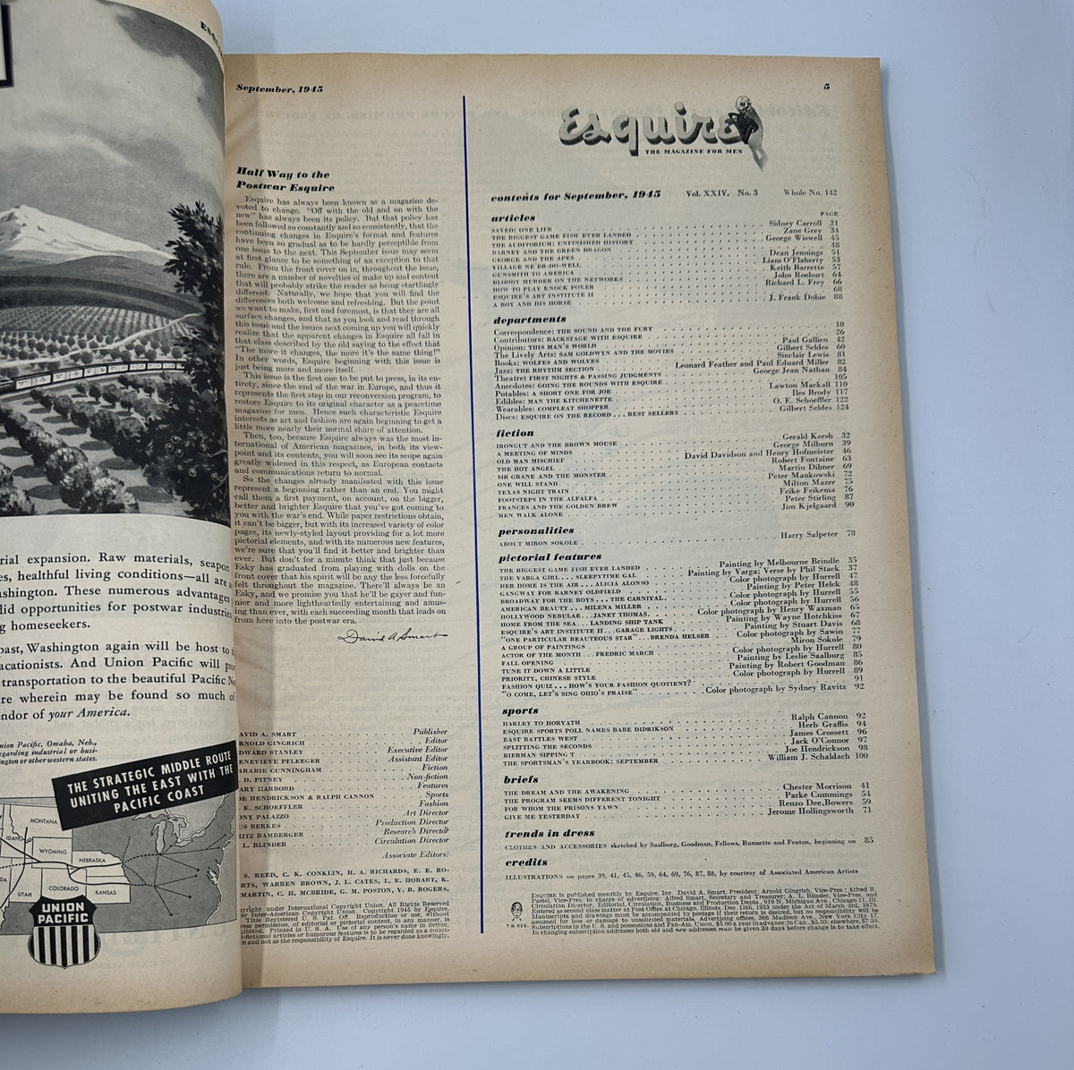 Inside page of Esquire Magazine September 1945 displaying the table of contents and an artistic illustration of a scenic view, along with details about the magazine's articles.