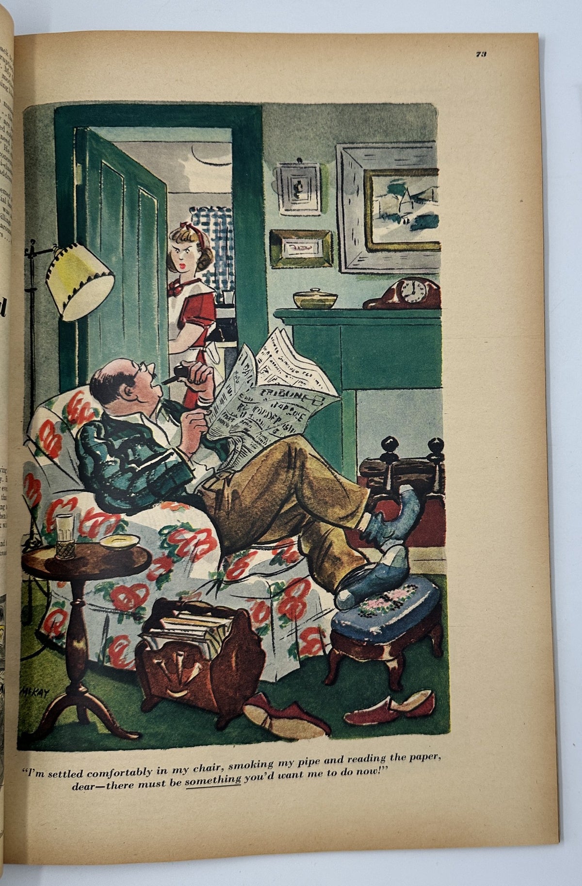 Illustration from Esquire Magazine September 1945 depicting a cozy domestic scene with a man reading a newspaper while seated in a patterned chair, illustrating the magazine's humor and lifestyle themes.