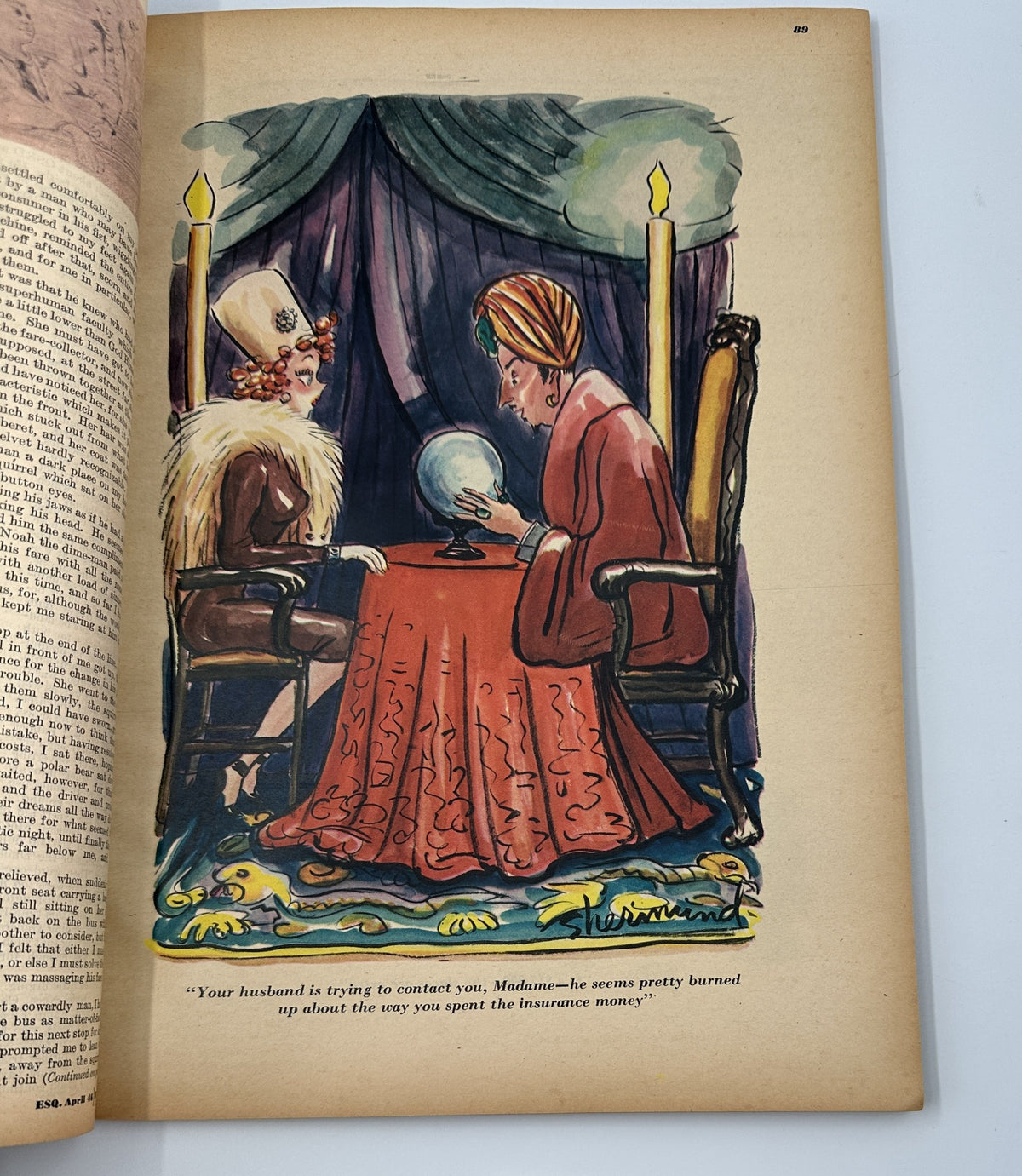 Esquire Magazine April 1946 depicting an artistic illustration of a fortune teller with a crystal ball, adding a vintage touch to the publication.