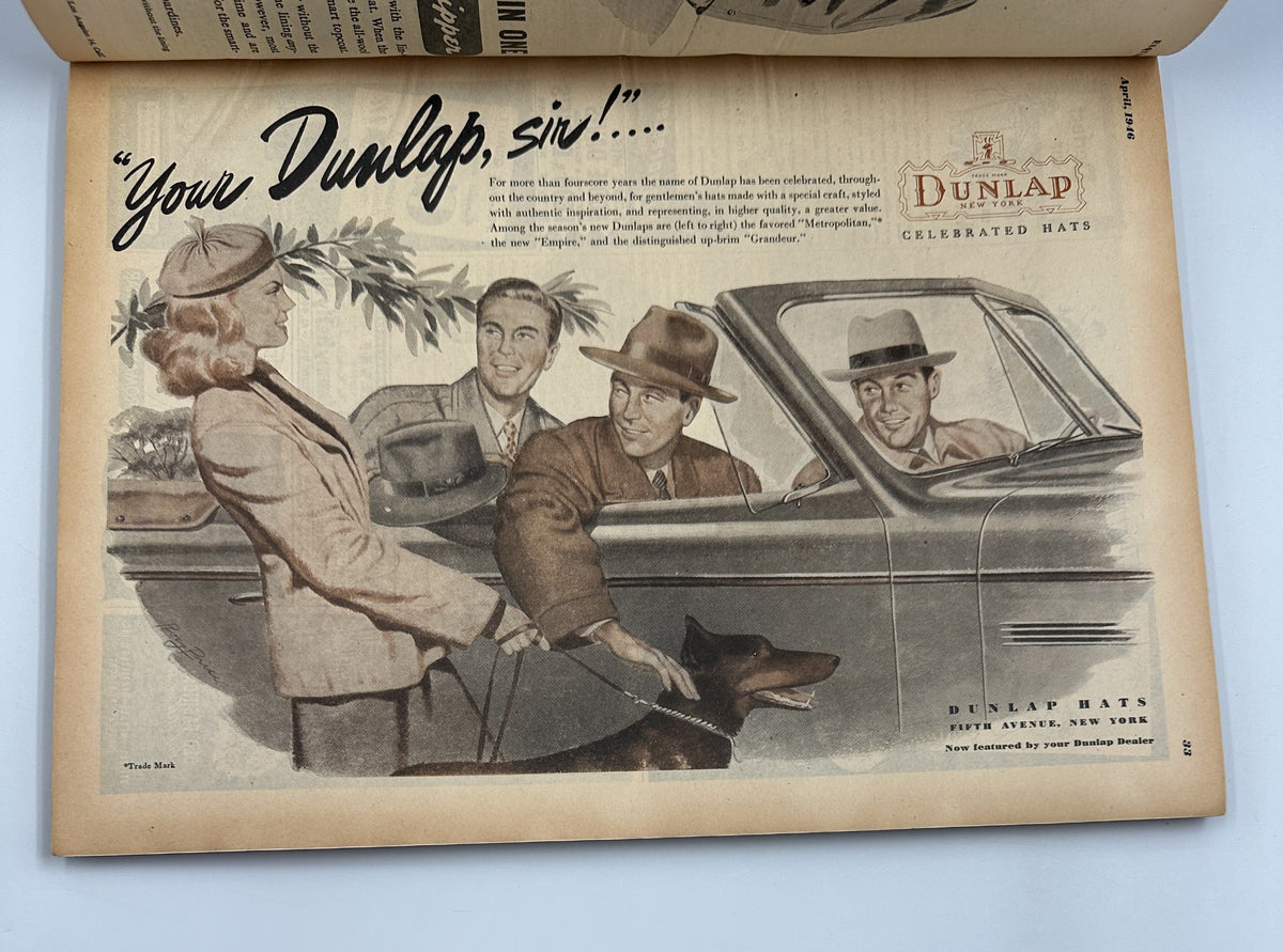 Esquire Magazine April 1946 advertisement for Dunlap hats, presenting a stylish group of people near a car, emphasizing fashionable headwear.