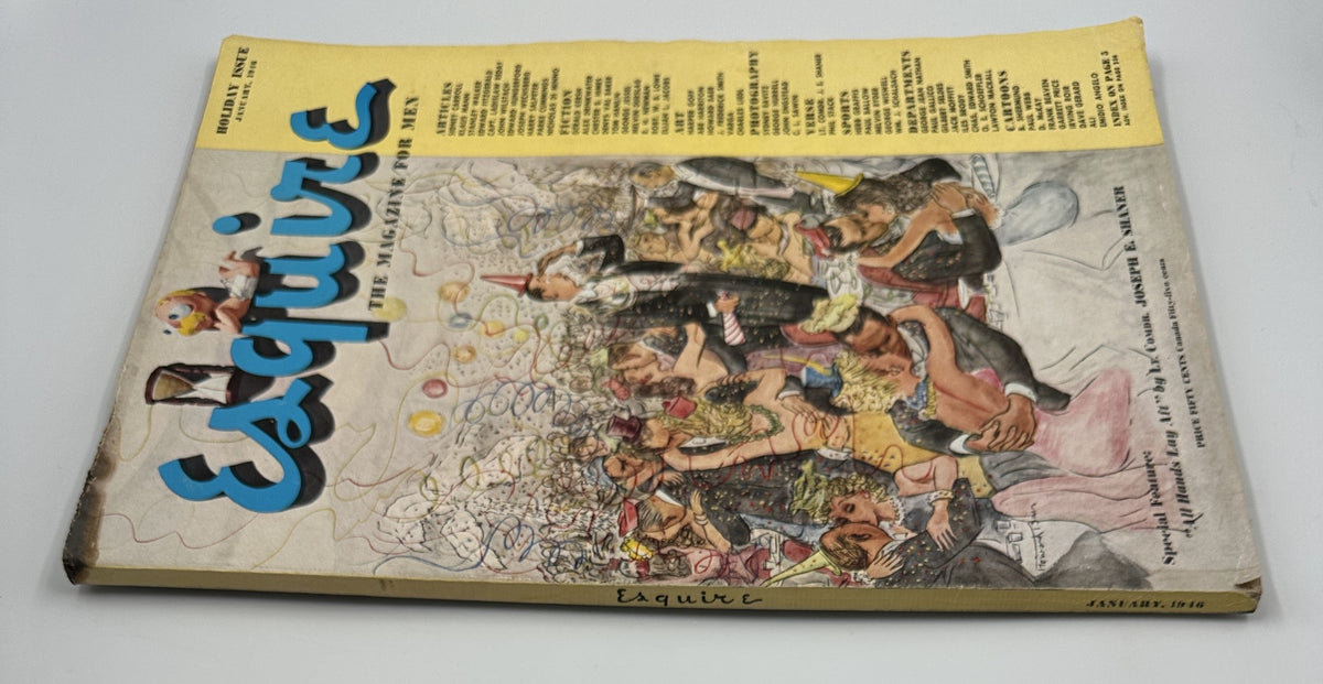 Side view of Esquire Magazine January 1946, displaying the vibrant cover art with party celebrations, showcasing the magazine's unique design and pinup features.