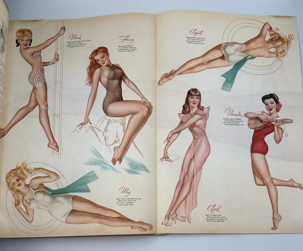 Two-page spread from Esquire Magazine January 1946 showcasing pinup illustrations by Varga, featuring models named May, June, and others in various poses, celebrating the magazine's art style.