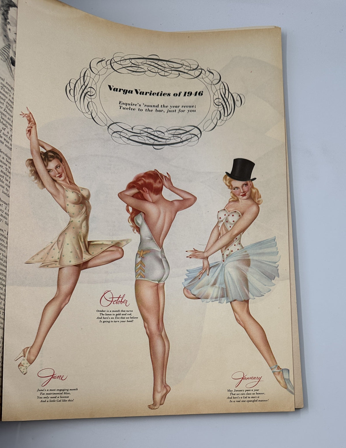 Esquire Magazine January 1946 - Varga Varieties showcasing three pinup models illustrating styles of the era, including January, June, and another month, marking the essence of 1946's fashion and art.