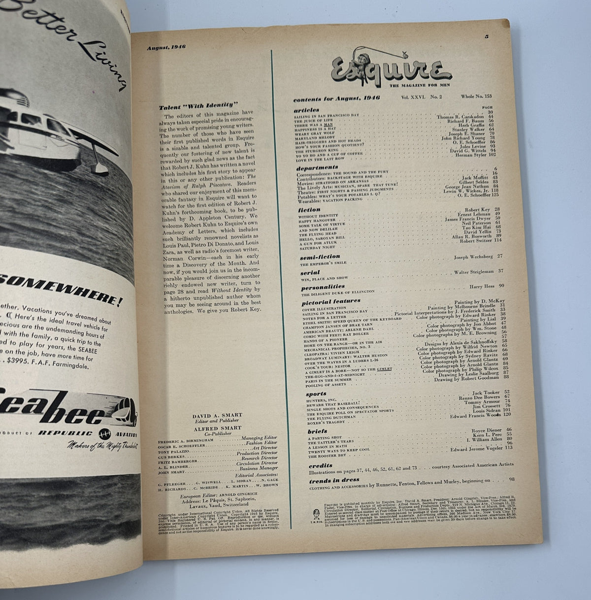 Inside contents page of Esquire Magazine August 1946 detailing articles and features, including 'Sailing in San Francisco Bay' and other literary pieces, showcasing the magazine's editorial layout.