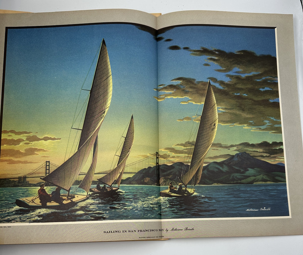 Illustration from Esquire Magazine August 1946 depicting a scenic view of San Francisco Bay with sailboats and the Golden Gate Bridge, accompanying the article 'Sailing in San Francisco Bay' by Kenneth Patrick.