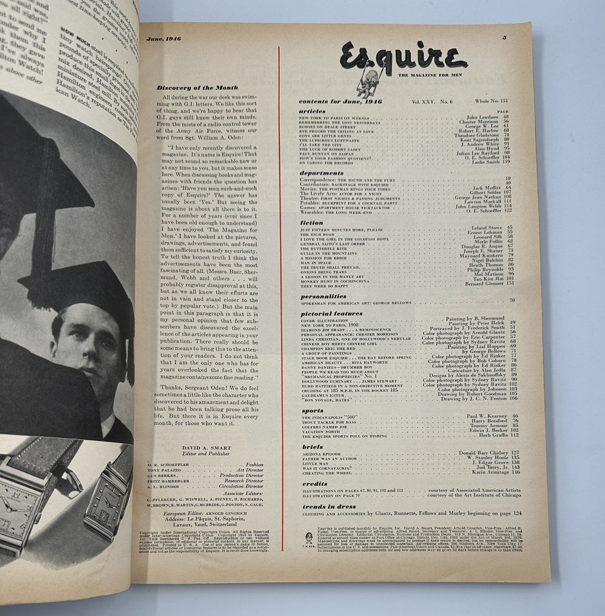 Inside page of Esquire Magazine June 1946 displaying the table of contents alongside a black and white photo of a graduate, showcasing content organization and magazine style.