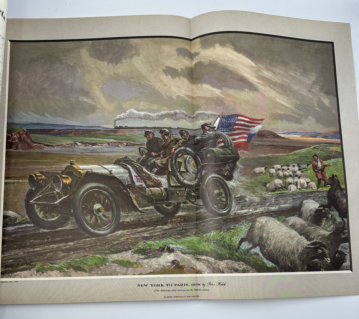 Illustration from Esquire Magazine June 1946 titled 'New York to Paris 1908' by Peter Helck, depicting a historic car journey with soldiers waving an American flag in a scenic landscape.