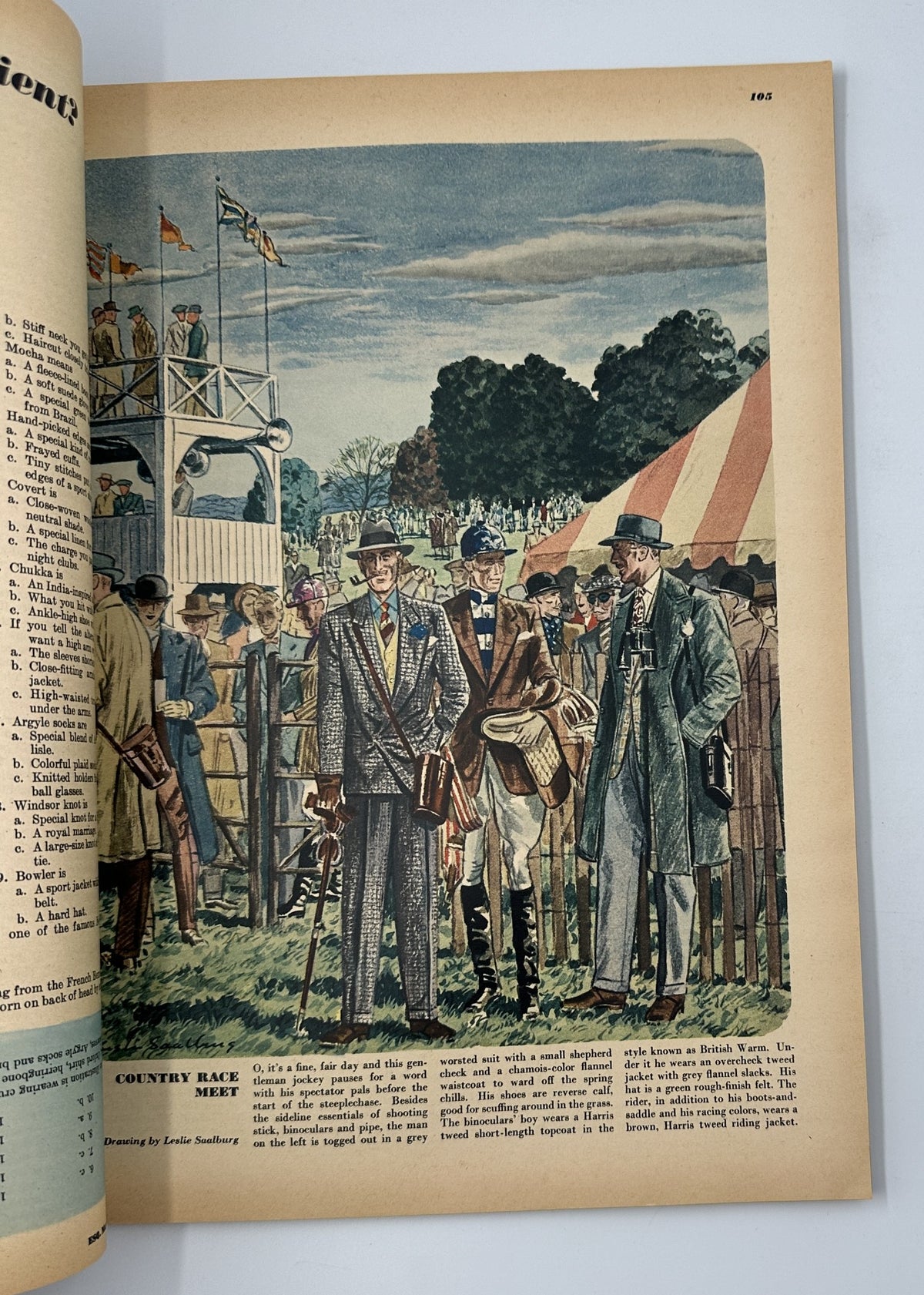 Esquire Magazine May 1946 Country Race Meet illustration featuring elegantly dressed men in bowler hats and tailcoats at an outdoor event.