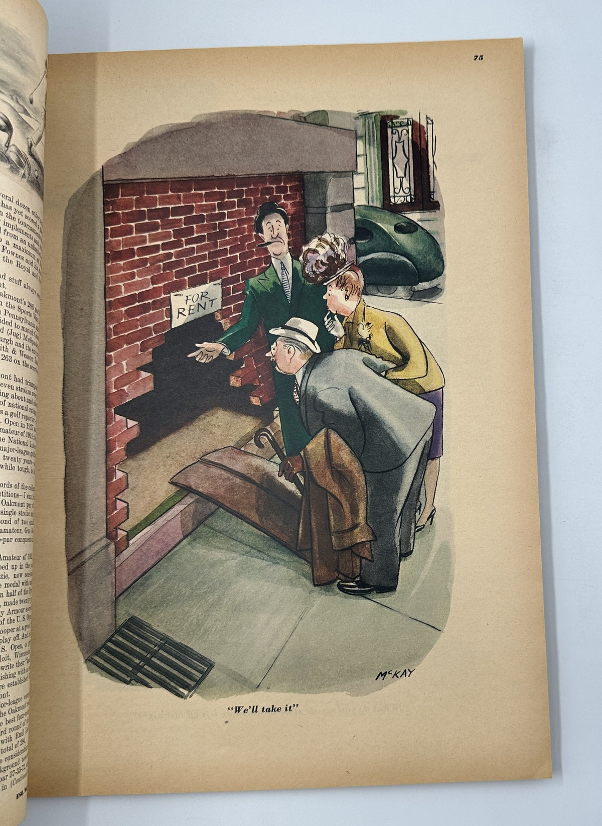 Esquire Magazine May 1946 illustration of a group of characters reacting excitedly to a 'For Rent' sign in a humorous street scene.