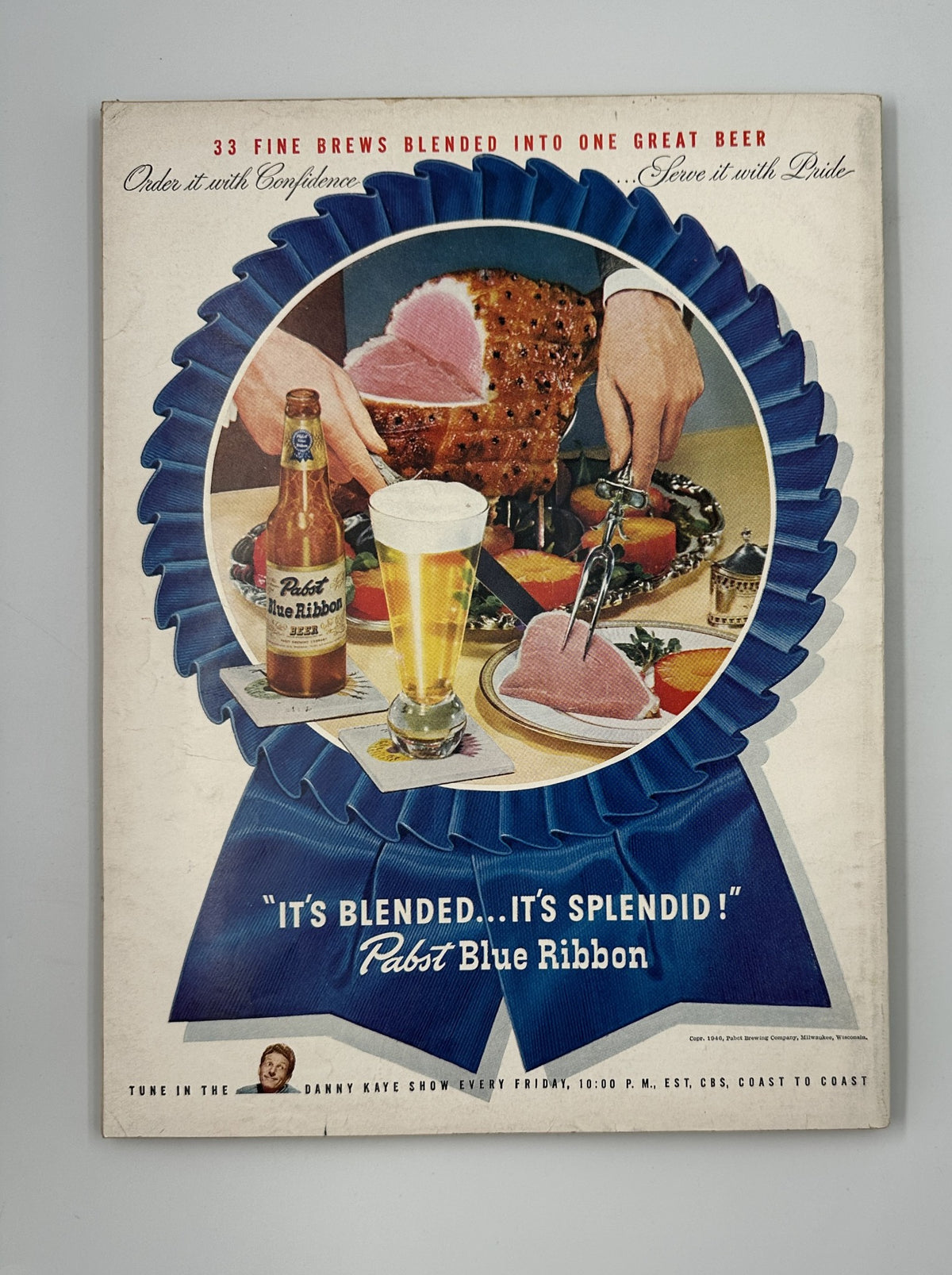 Esquire Magazine May 1946 advertising illustration promoting Pabst Blue Ribbon beer, presenting food and drink in a festive arrangement.