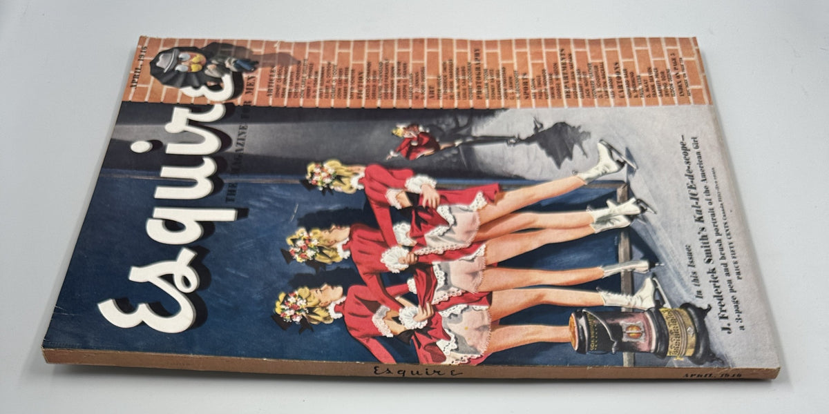 Esquire Magazine April 1946 cover featuring fashionable women dressed in red with flowers, showcasing the Kal-ICE-de-scope 'Esquire Girl' foldout with pinup.