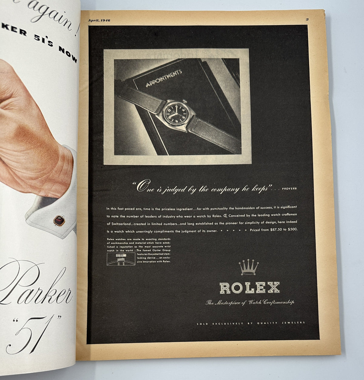 Advertisement page in Esquire Magazine April 1946 featuring Rolex watches, emphasizing luxury and craftsmanship in horology.