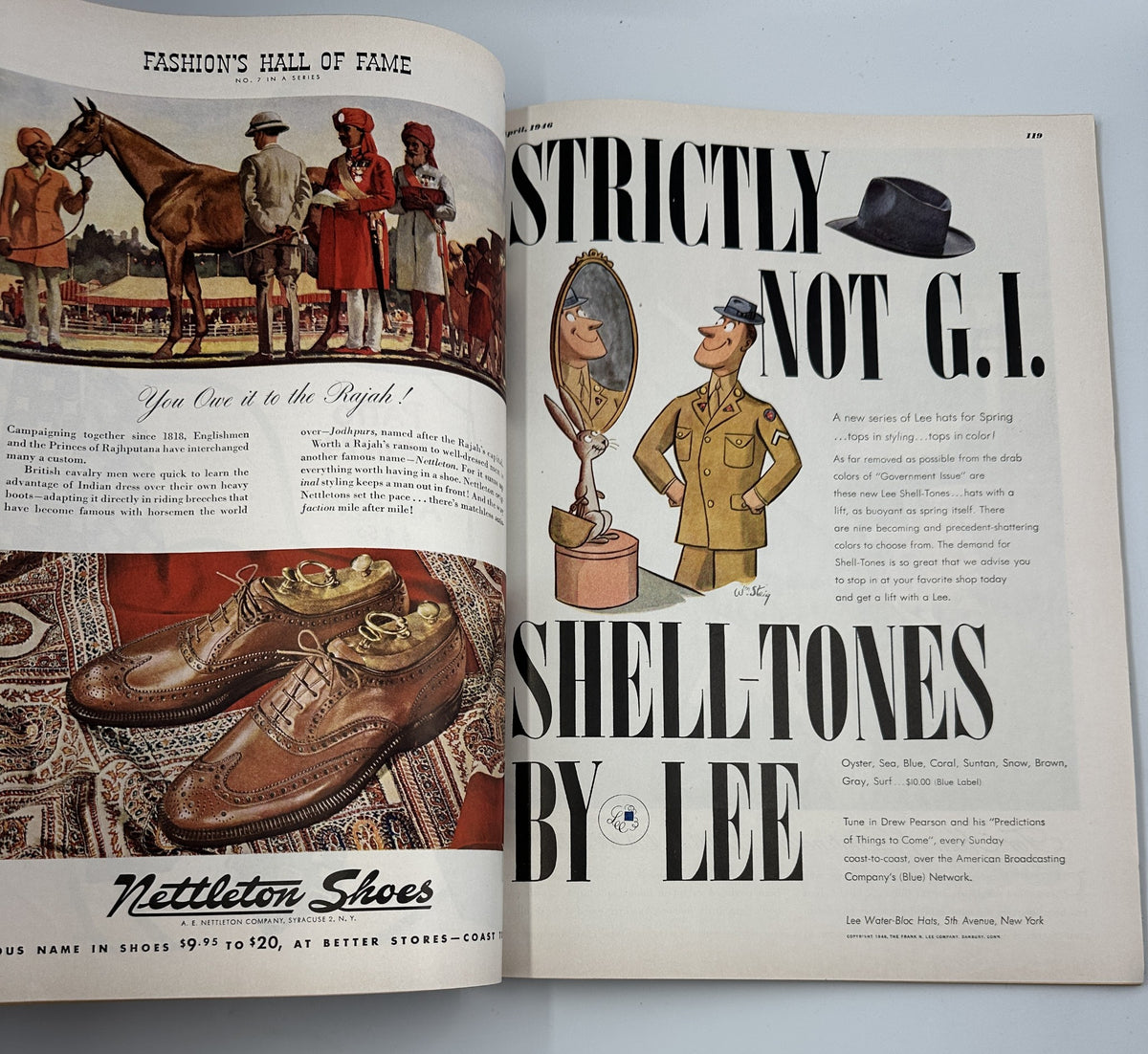 Esquire Magazine April 1946, featuring an artistic advertisement for Nettleton Shoes, with a depiction of stylish shoes and illustrations related to the fashion theme of the magazine.